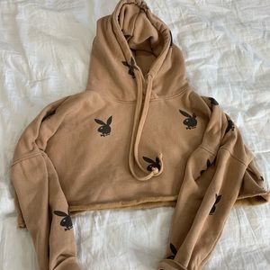 Play boy bunny tan cropped hoodie